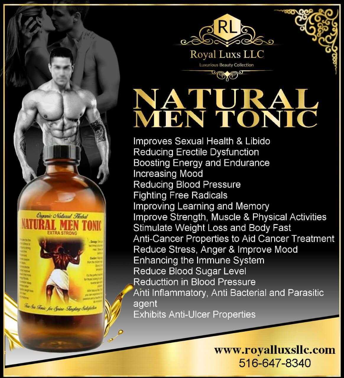 Natural Men Tonic 16 oz bottle with health benefits listed, promoting vitality, sexual health, and energy.