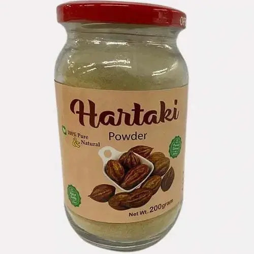 Organic Hartaki Fruit Powder jar, 200g, showcasing 100% pure and natural ingredients, ideal for health benefits.