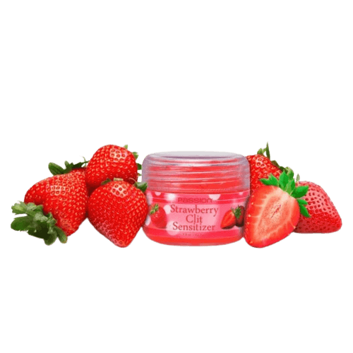 Passion Strawberry Clit Sensitizer gel jar with fresh strawberries, enhancing intimate pleasure and sensation.