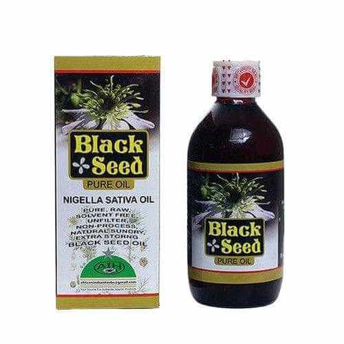 Raw 100% pure black seed oil 4oz bottle with packaging showcasing Nigella sativa benefits.