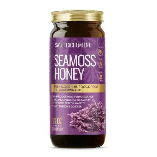 Sea Moss Honey with Burdock Root in a 16 oz jar, promoting energy and wellness benefits.