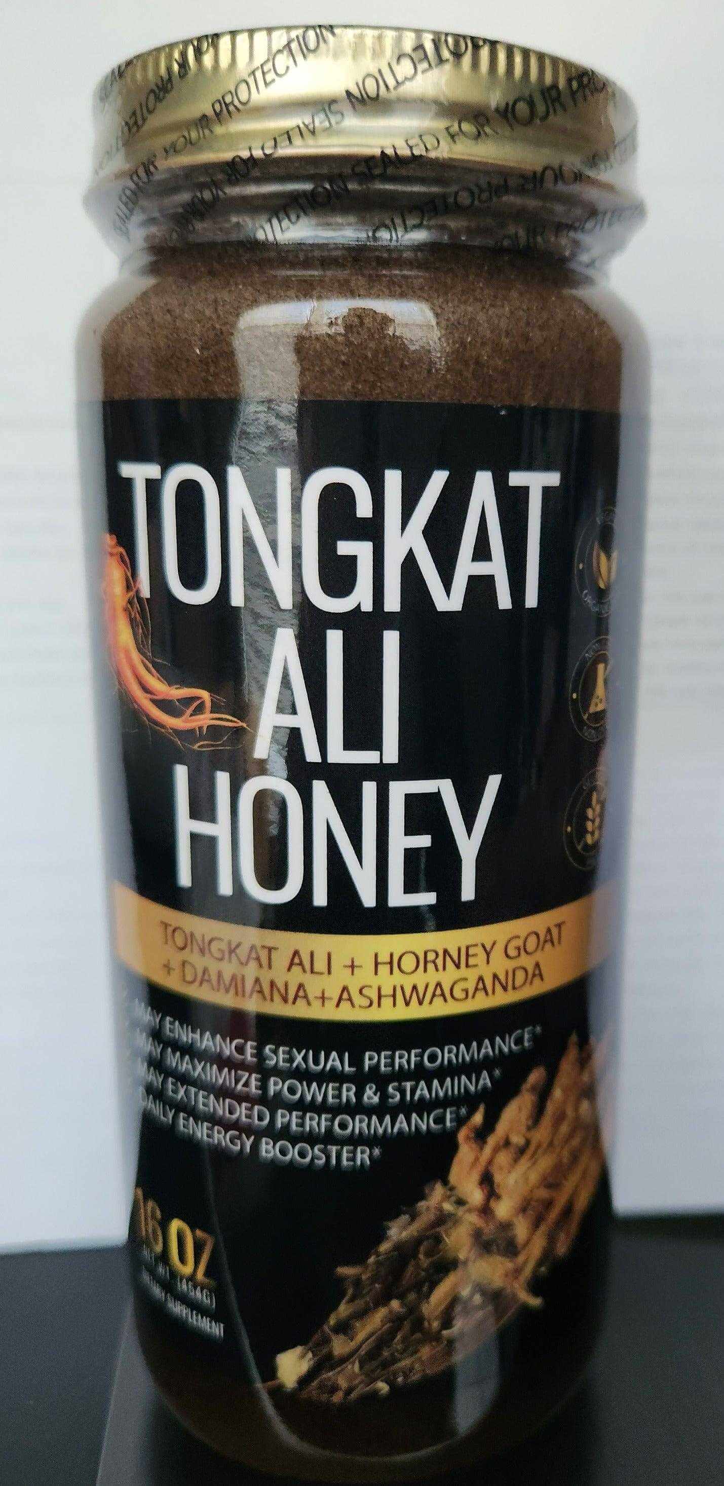 Tongkat Horney Goat Damiana Ashwagandha Honey 16 oz jar for enhancing sexual performance and energy, natural herbal boost.