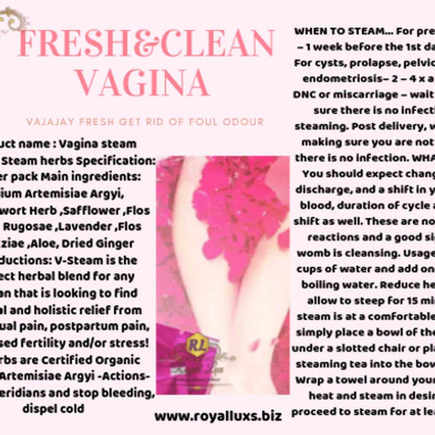 Vagina steam herbs product information for fresh and clean experience, featuring natural ingredients and benefits.