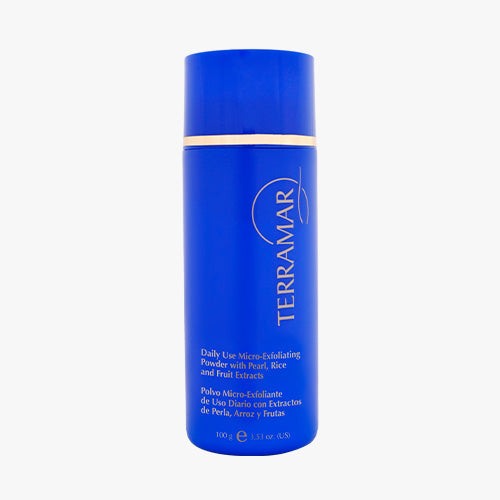 DAILY USE MICRO-EXFOLIATING POWDER WITH PEARL by Terramar in a blue container, perfect for gentle daily exfoliation.