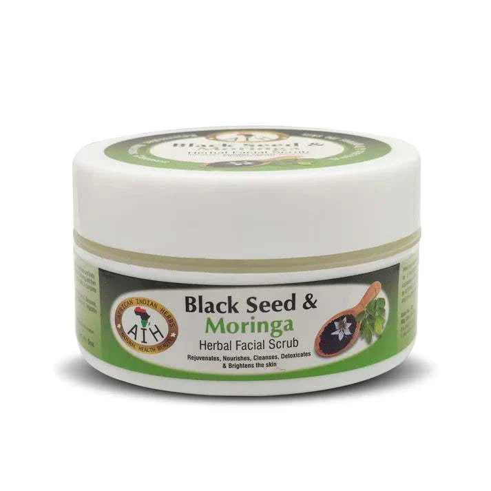 Black Seed & Moringa Herbal Facial Scrub in a jar for deep cleansing and skin rejuvenation.