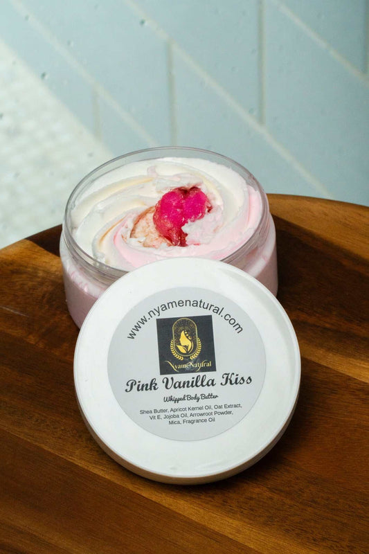 Pink Vanilla Kiss body butter in a jar, showcasing its creamy texture and sweet pink fragrance.