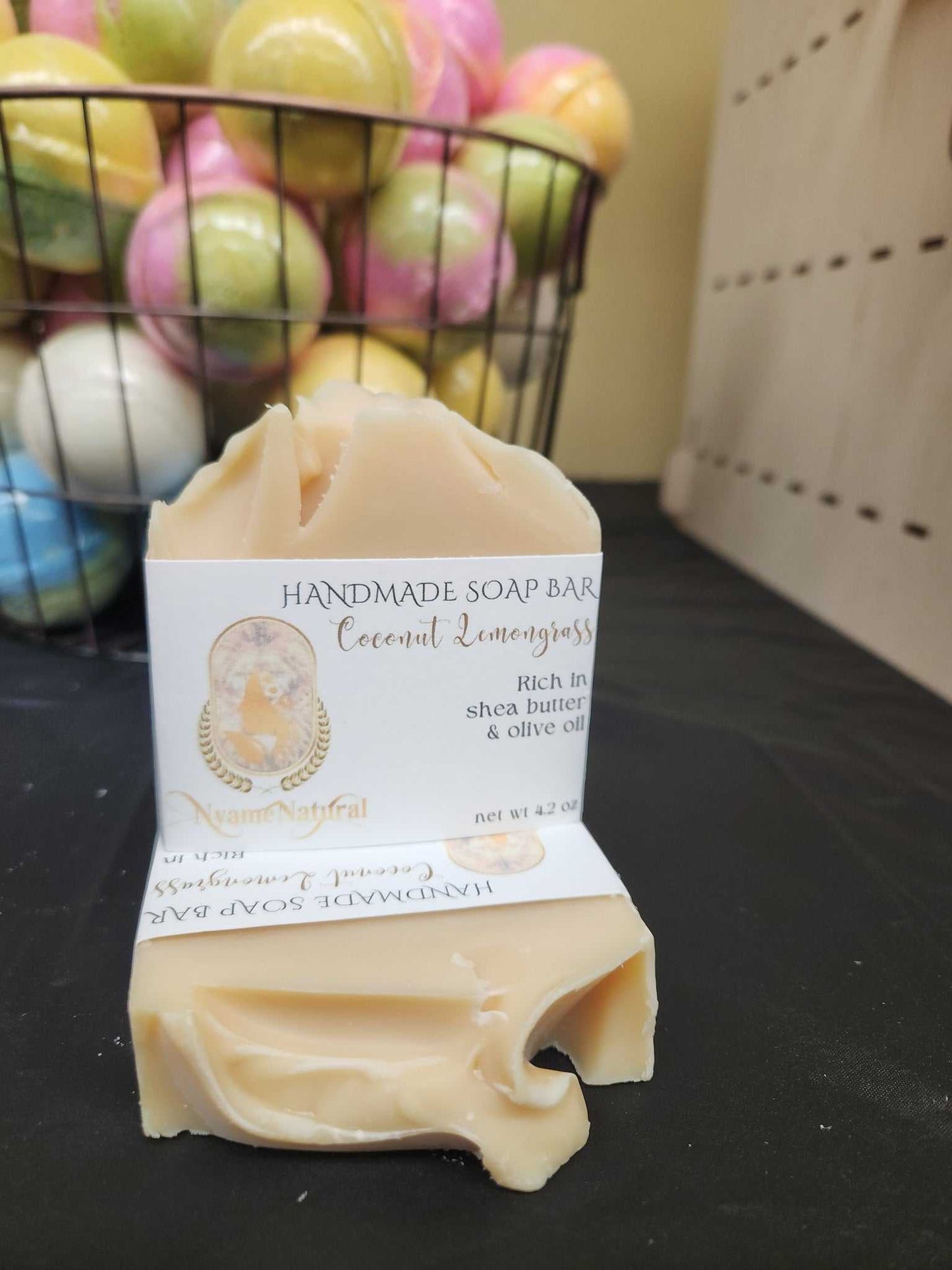 Handmade Coconut Lemongrass Soap Bar, rich in shea butter and olive oil, perfect for nourishing skin.