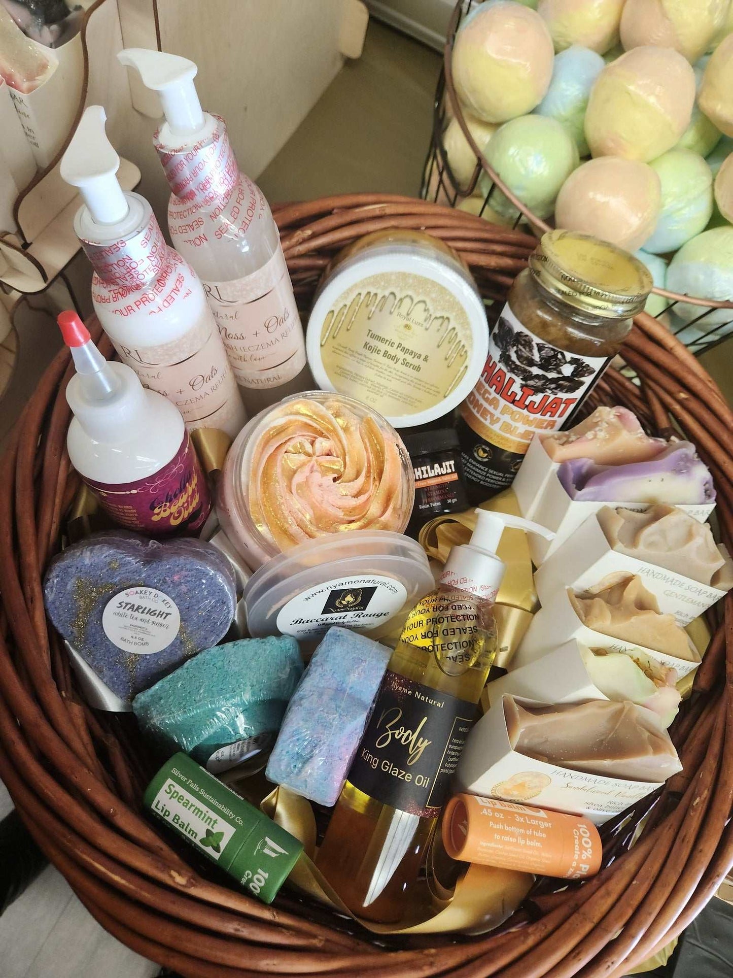 Relaxation and detox gift basket featuring skincare products, bath essentials, and soothing items for self-care.