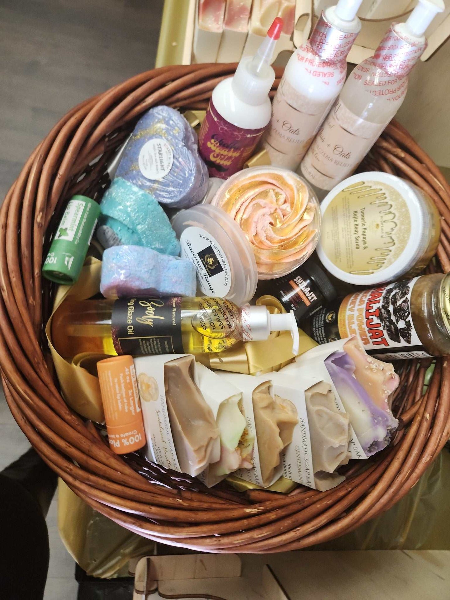 Relaxation and detox gift basket filled with luxurious bath products, soaps, and rejuvenating creams.