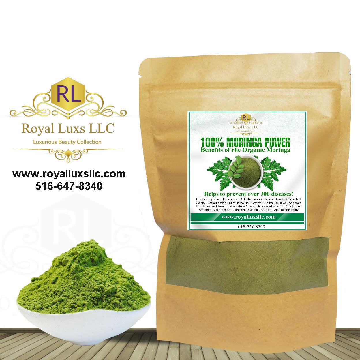 6oz organic moringa leaf powder in a labeled package with green powder in a bowl, rich in nutrients and antioxidants.