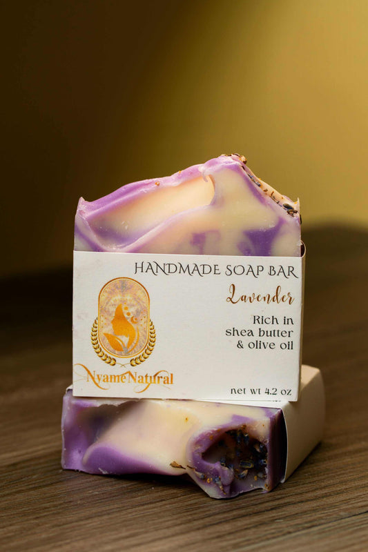 Lavender bar soap with shea butter and olive oil, showcasing a soothing purple design, ideal for skin nourishment.
