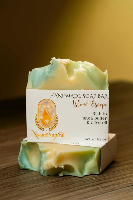 Island Escape Soap bar with shea butter and olive oil, showcasing its luxurious and moisturizing qualities.
