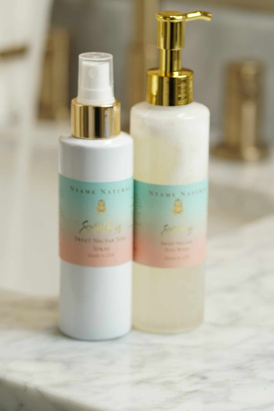 Yoni Sweet Kit featuring Sweet Kittie Yoni Wash and feminine wash on a marble countertop for intimate hygiene.