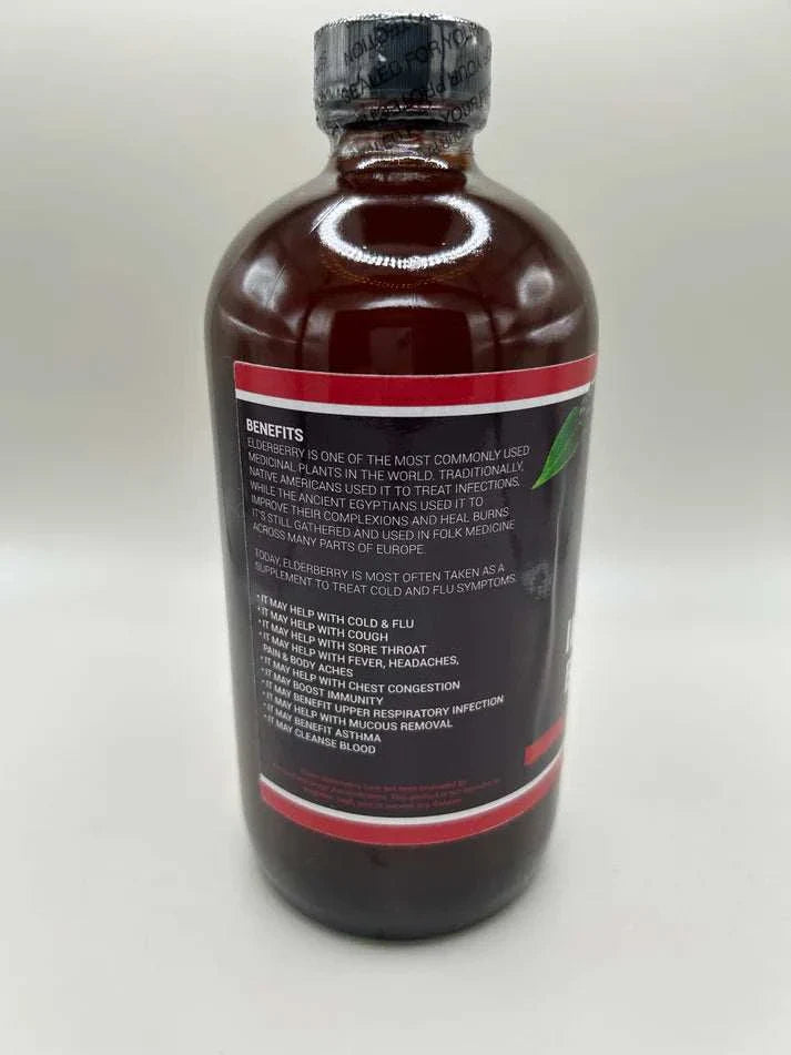 Elderberry Immunity Booster bottle showcasing benefits and usage instructions for immune support.