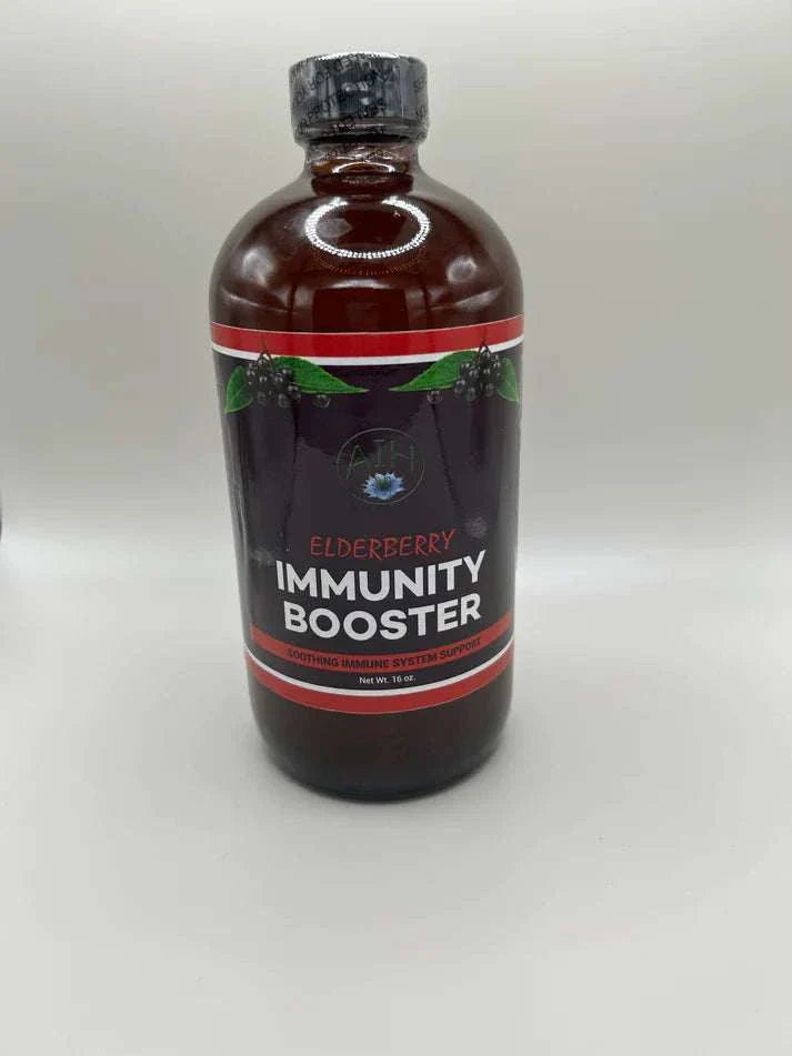 Elderberry Immunity Booster bottle showcasing natural immune support formula with black elderberries.