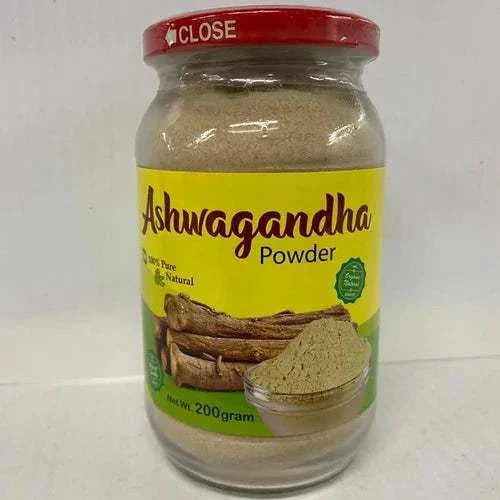 Ashwagandha 100% Pure Organic Root Powder in a jar, highlighting its natural and adaptogenic qualities.