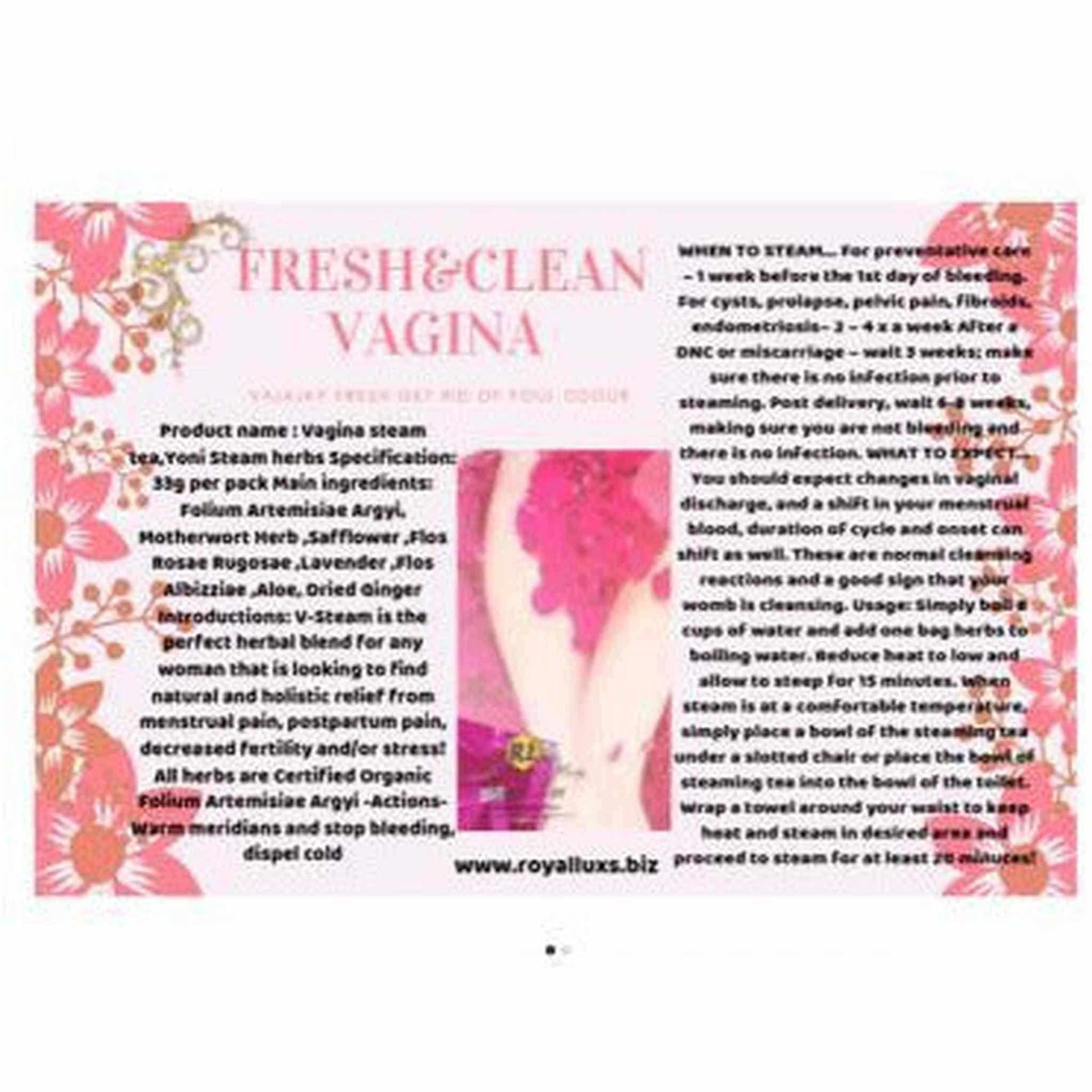 Fresh Clean Vagina Wash Steam Tea packaging with herbal ingredients and usage instructions for pelvic health.