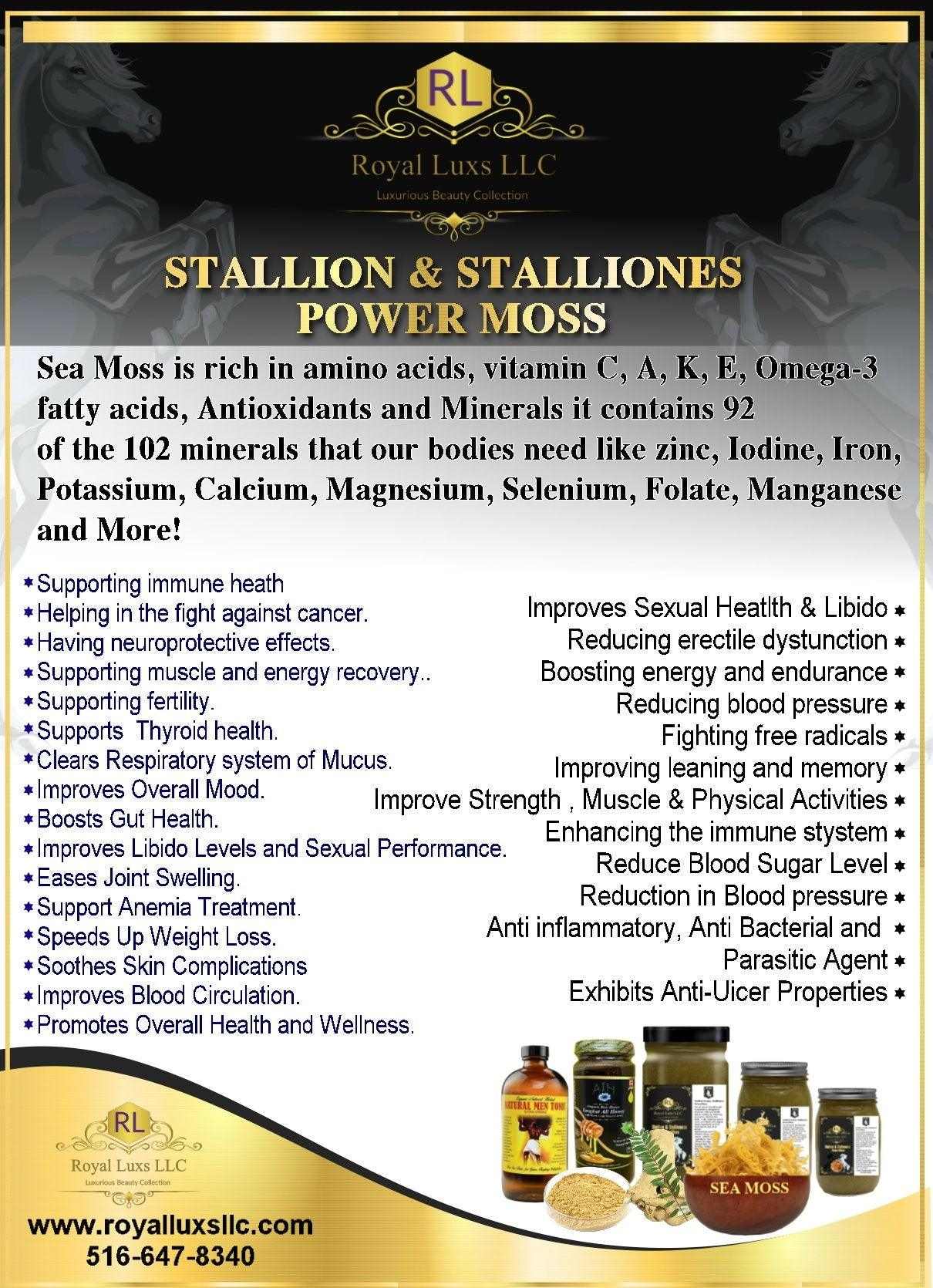 Informative flyer about Stallion & Stalliones Power Moss benefits and ingredients, featuring Sea Moss's health advantages.