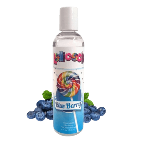 Lollicock 4 oz. Blue Berry flavored water-based lubricant with blueberries, safe for internal and external use.