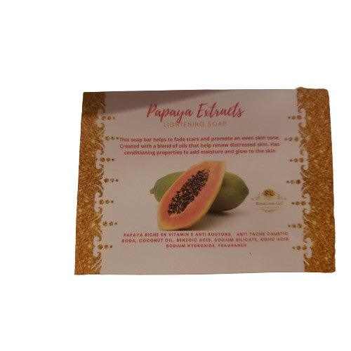 Papaya Extract Brightening Soap packaging featuring papaya fruit and product benefits for clear skin.