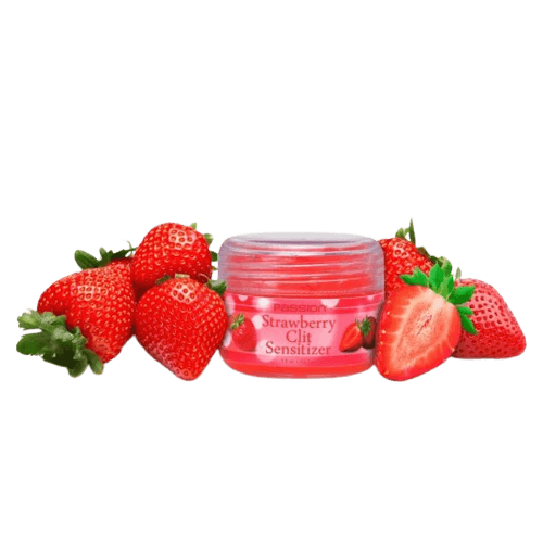 Passion Strawberry Clit Sensitizer gel jar with fresh strawberries, enhancing intimate pleasure and sensation.