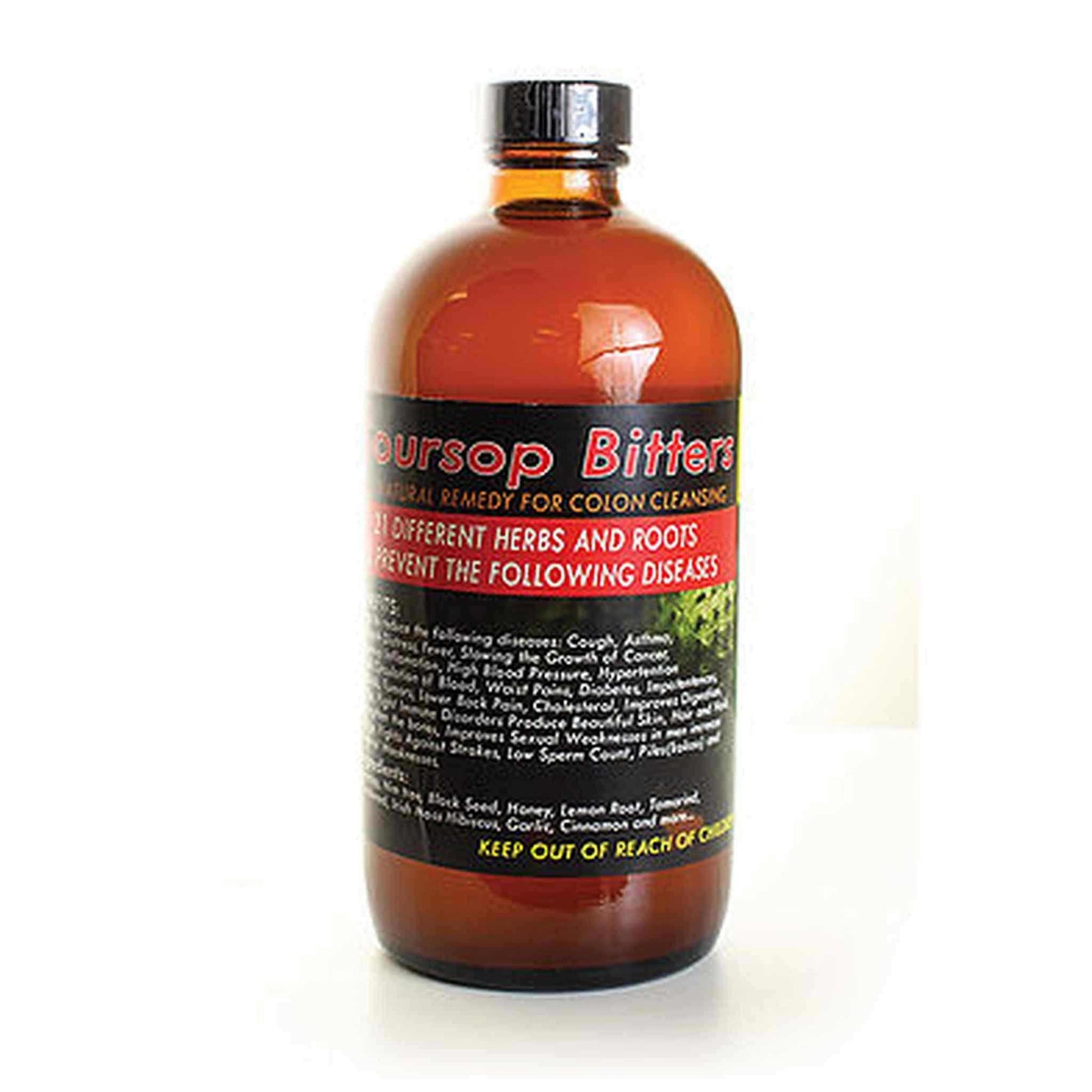 Soursop Bitters bottle featuring a blend of 21 herbs for colon cleansing and overall wellness.