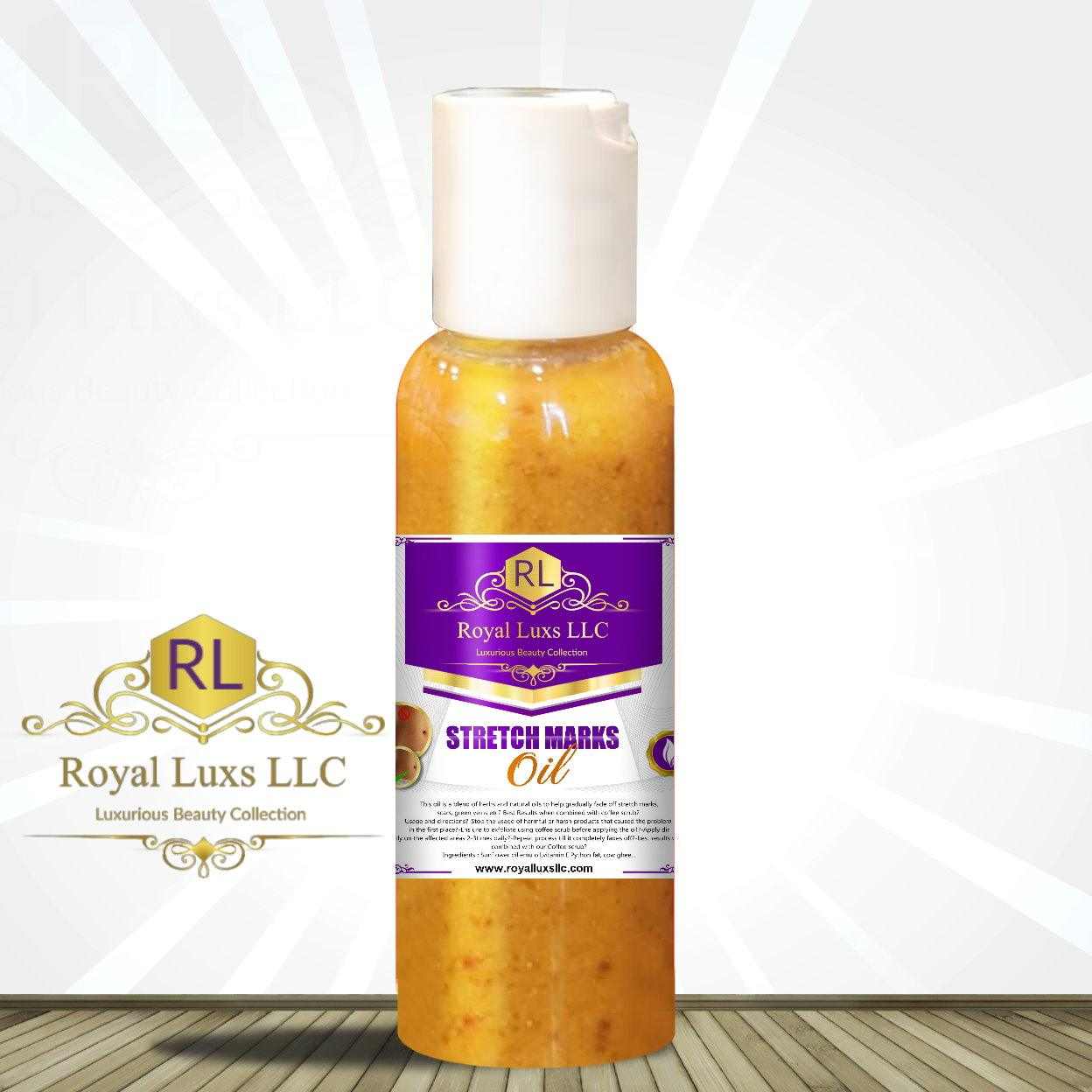 Royal Luxs LLC Stretch Mark Oil 2 oz, natural blend for reducing stretch marks and enhancing skin health.